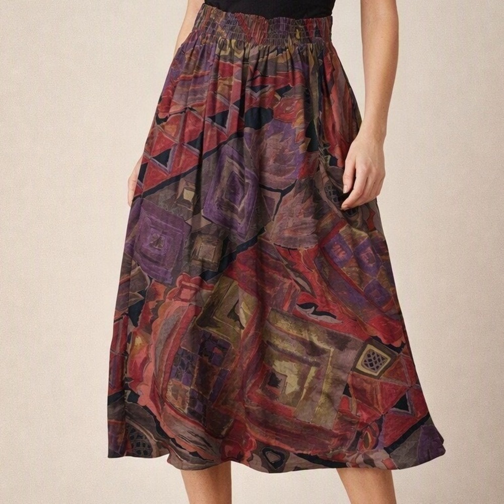 Vintage In Group Ltd Abstract Geometric Rayon Midi Skirt Red Purple Brown Sz10